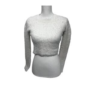 Zara Ivory Eyelash Faux Fur Cropped Knit Sweater Top Small Stretch